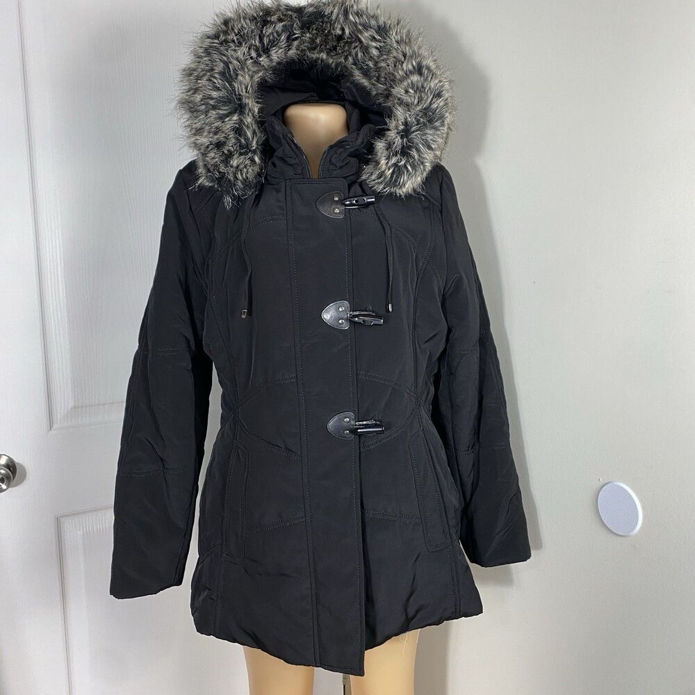 Street Fleet Women's XL Faux Fur Trim Hooded Puffer Coat  Black